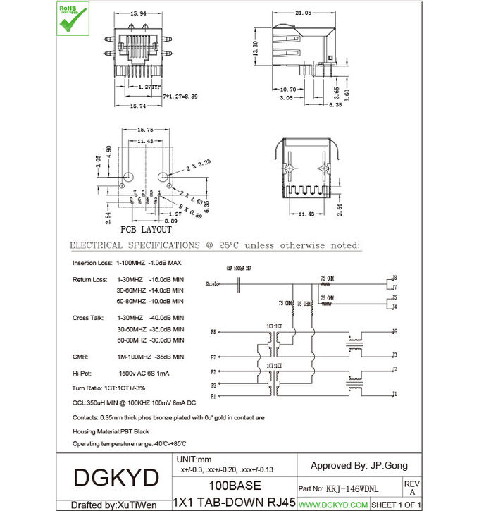 À angle droit RJ45 10/100 BAS Jack modulaire avec le connecteur de câble Ethernet de transformateur